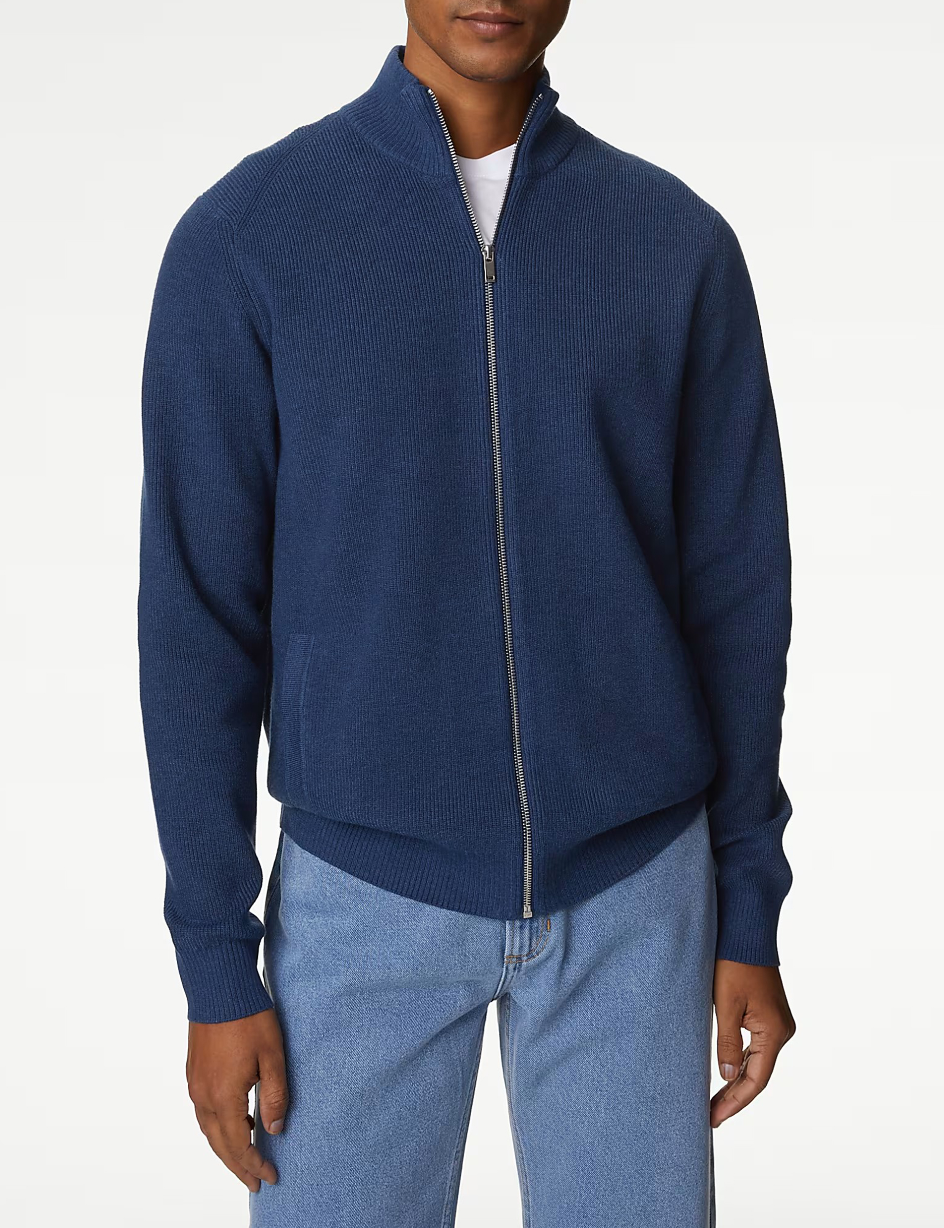 Cotton Blend Funnel Neck Zip Up Jumper