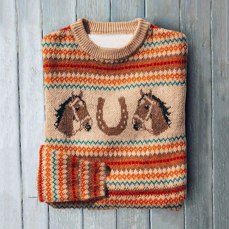 Vintage Horse Head Print Contrast Sweater