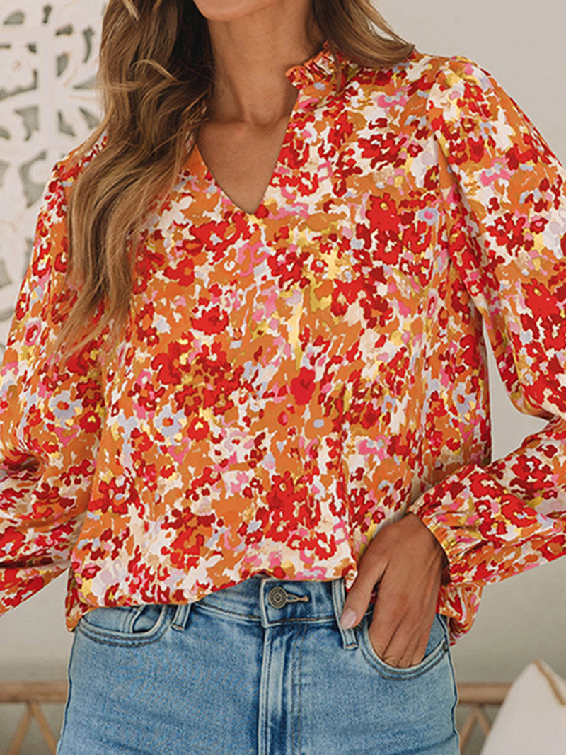 FLORAL V-NECK WOOD EAR HEM CASUAL SHIRT