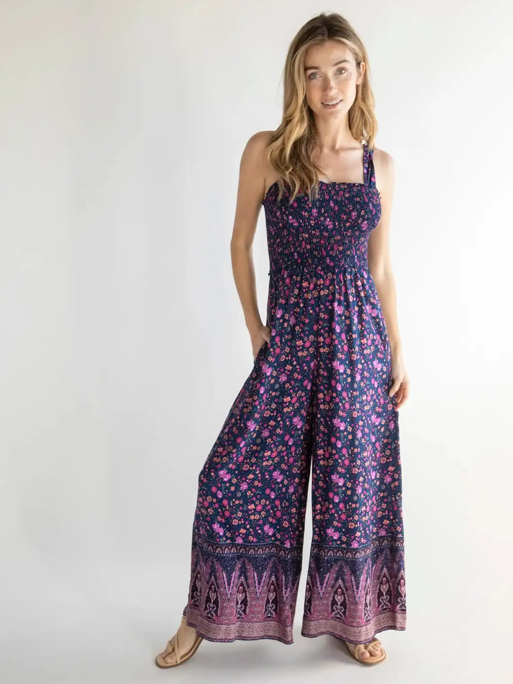 Sedona Jumpsuit - Navy Light Pink Border