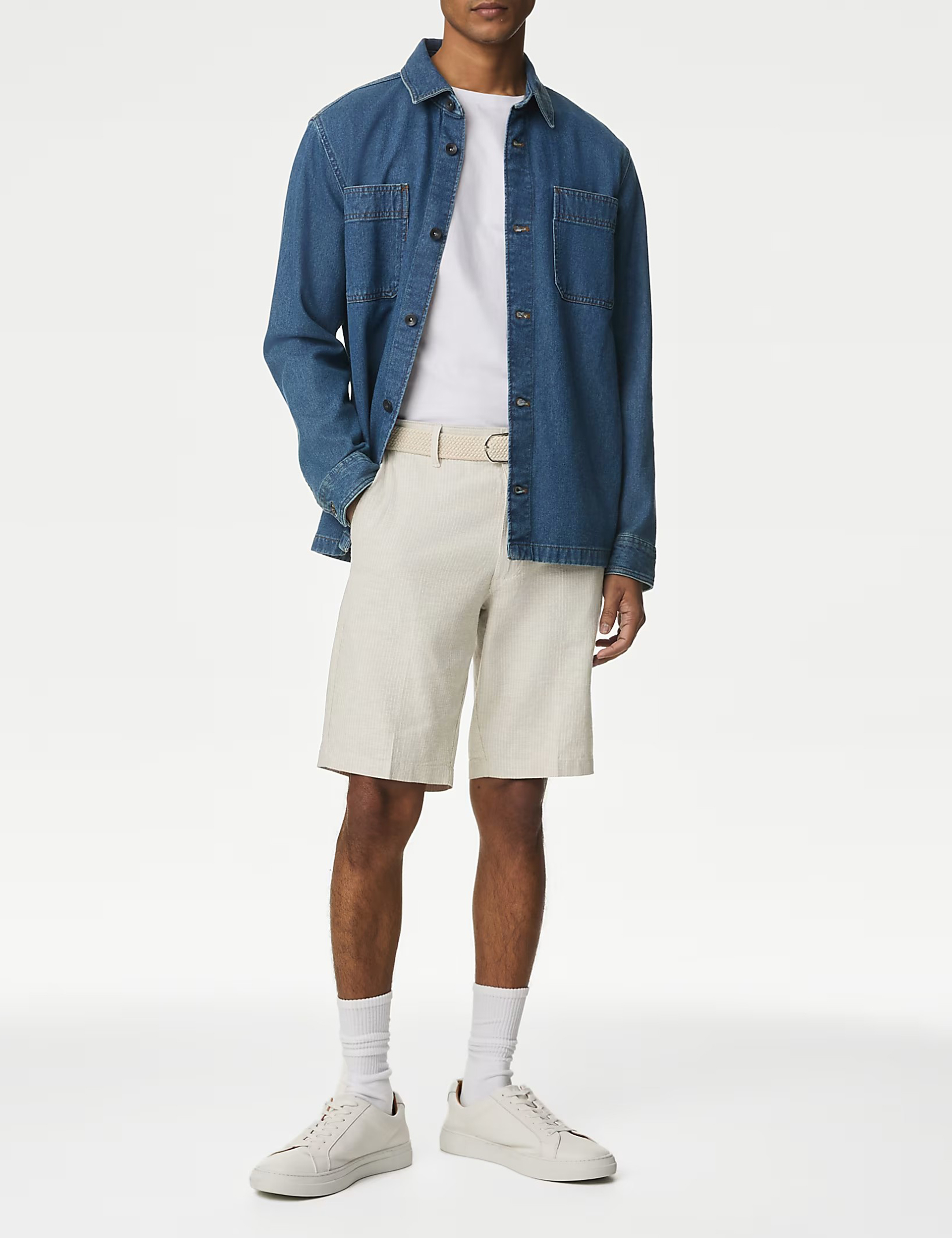 Linen Blend Striped Belted Chino Shorts