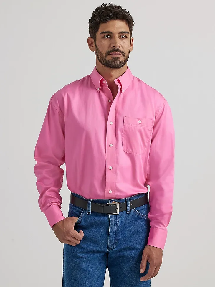 MEN'S WRANGLER BUCKING CANCER BUTTON DOWN SHIRT IN PALE PINK