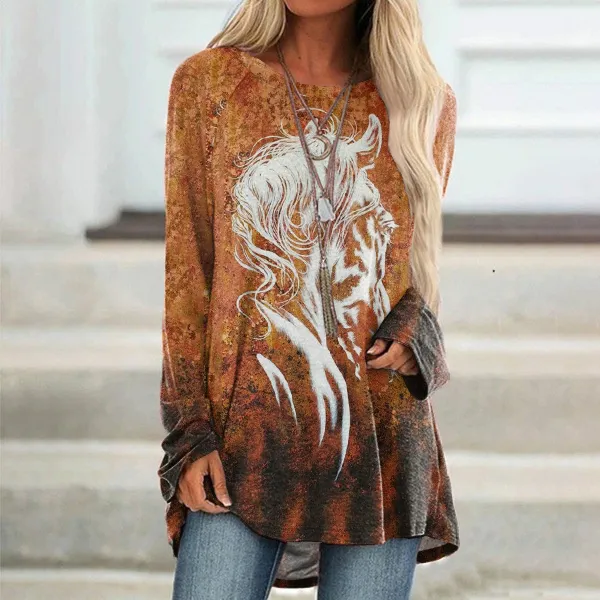 Vintage Western Horse Print Long Sleeve Tunic