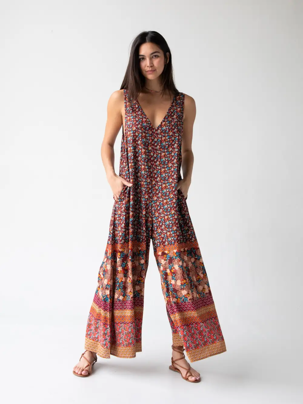 Let's Just Go Wide-Leg Jumpsuit - Tan Border Print