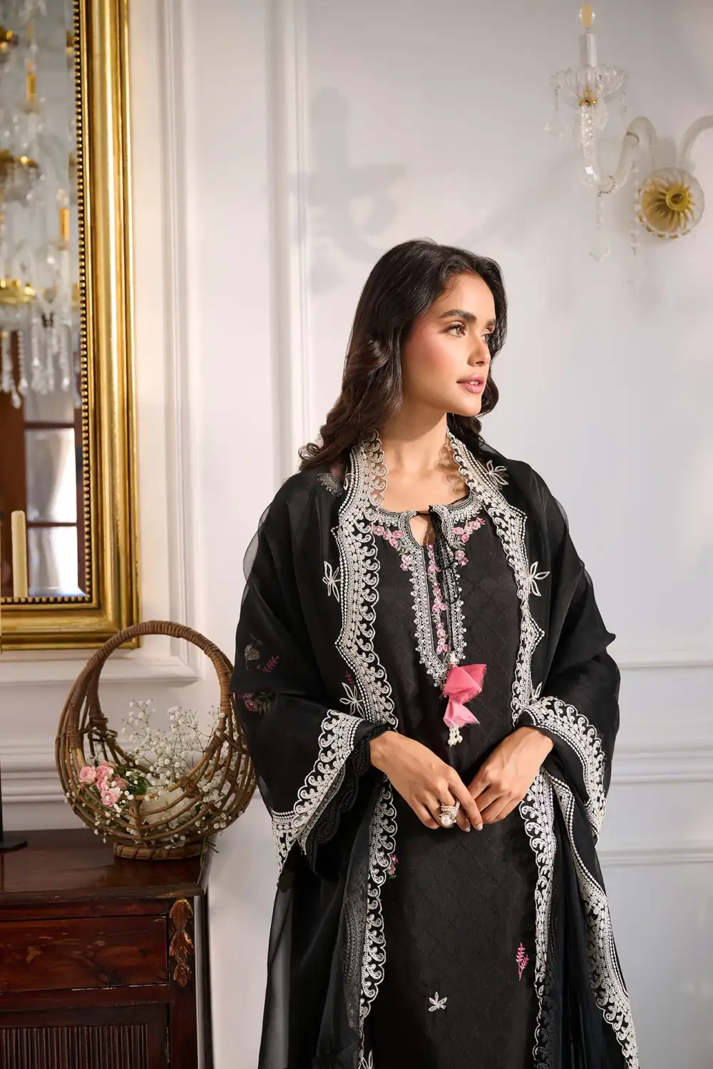 BLACK 3PCS  EMBROIDERED KURTA WITH TROUSER