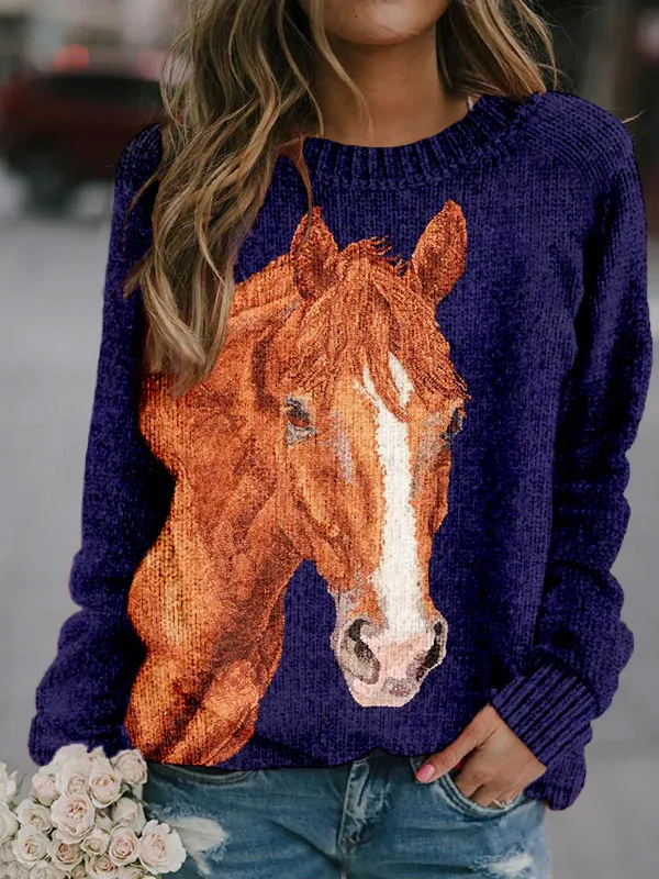 Horse Embroidery Art Crew Neck Comfy Knit Sweater