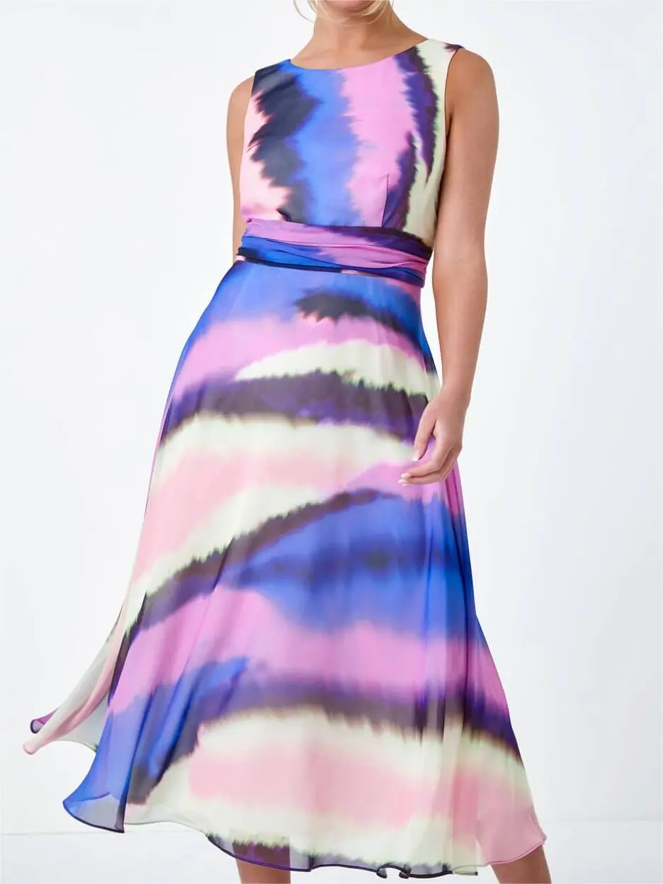 Purple Sleeveless Abstract Print Midi Dress