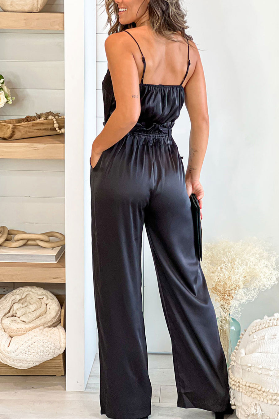 Black Draped Neckline Jumpsuit With Pockets