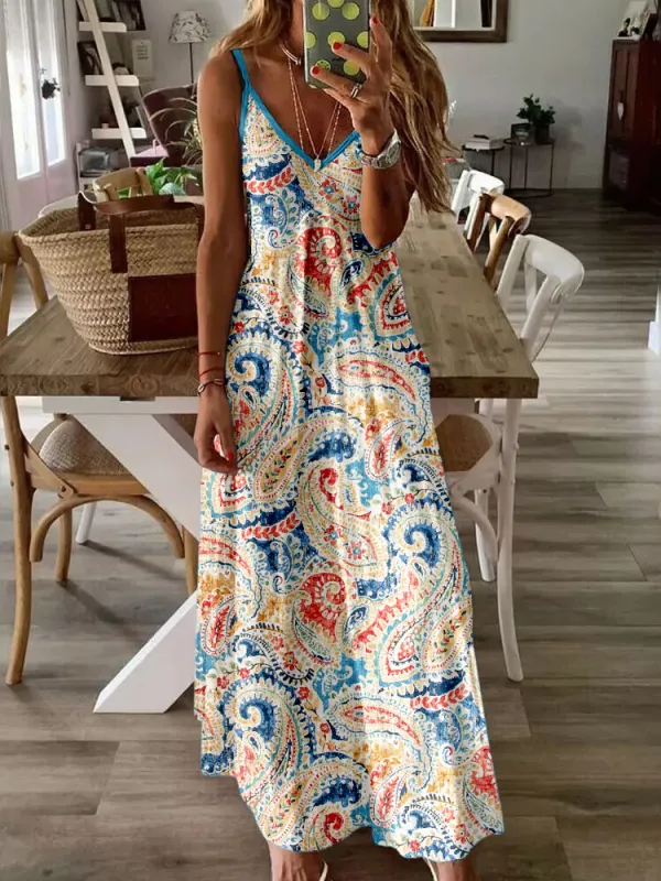 Colorful Paisley Art Pattern Cami V Neck Maxi Dress