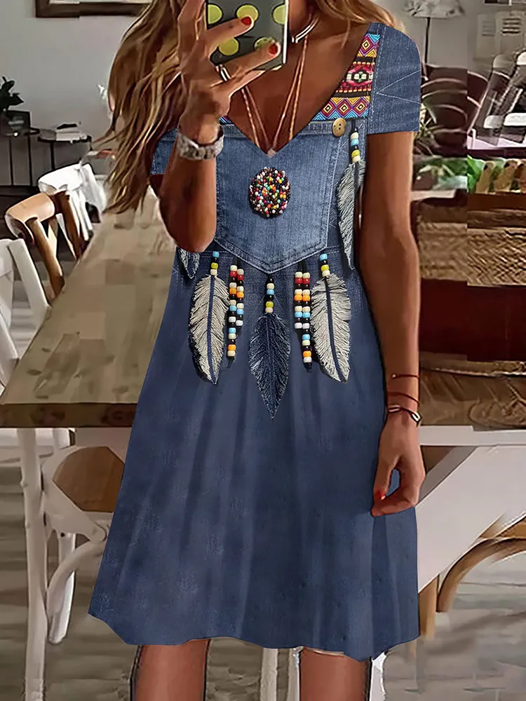 Western Tribal Print V Neck Short Sleeve Midi Dress