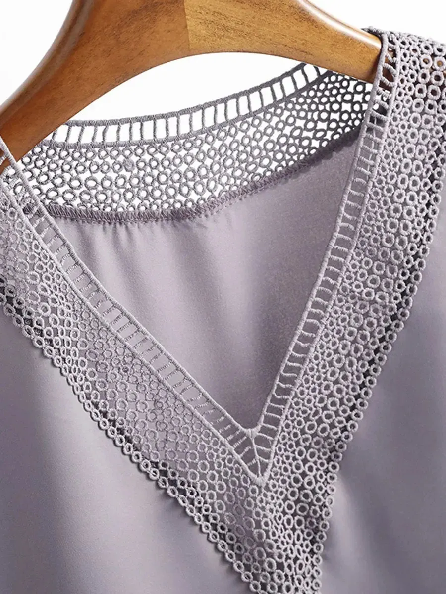 Women's elegant shirt with grey V-neck lace patchwork