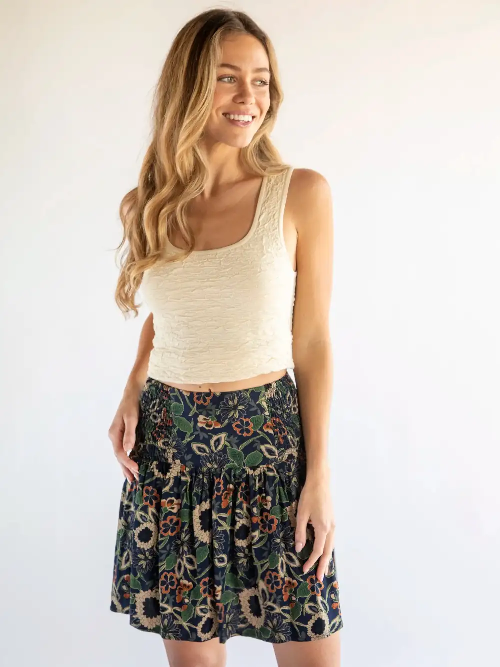 Malia Mini Skirt - Navy Tan Dahlias