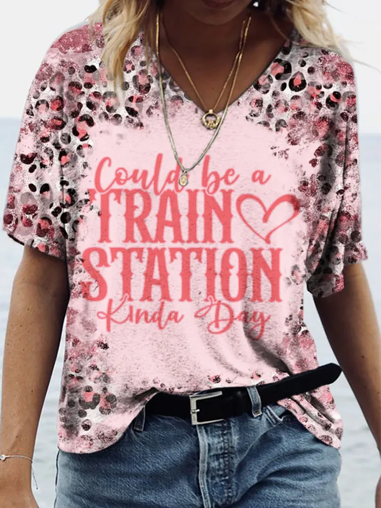 Train Station Kinda Day Leopard Graphic V Neck T Shirt