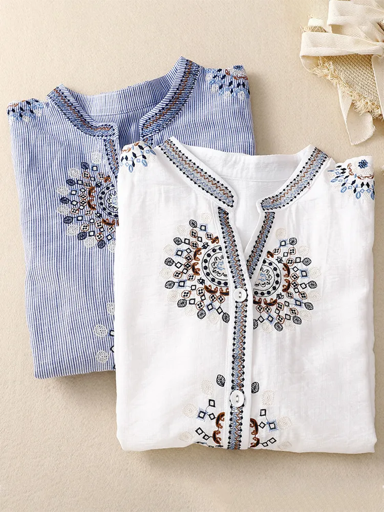 Women's Casual Retro Ethnic Style Embroidered Cotton Shirt