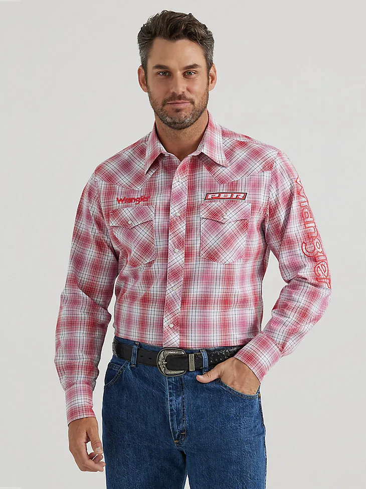 MEN'S WRANGLER® PBR® LOGO LONG SLEEVE PLAID WESTERN SNAP SHIRT IN RED TAN