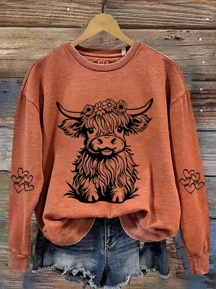 Floral Highland Cow Print Sweatshirt