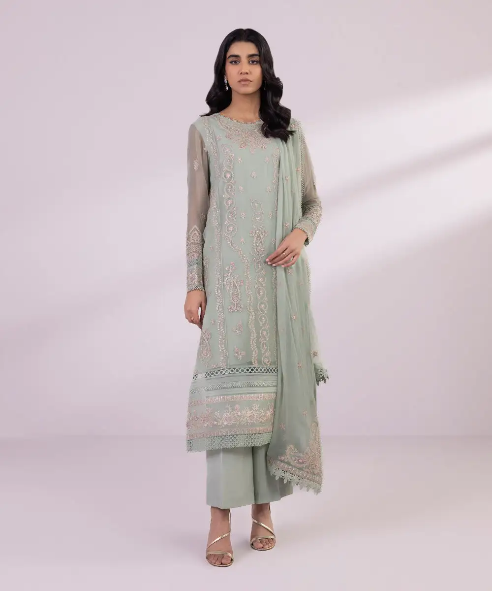 3 Piece - Embroidered Chiffon Suit