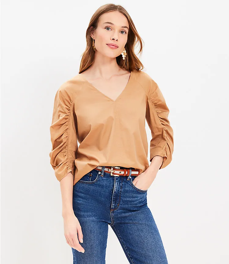 Cinched Sleeve V-Neck Blouse