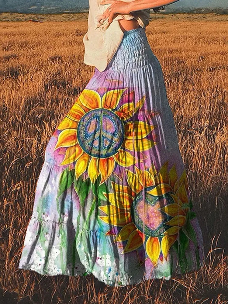 Women's Sunflower Hippie Tie Dye Hippie Vibe Vintage Print Pocket Skirt