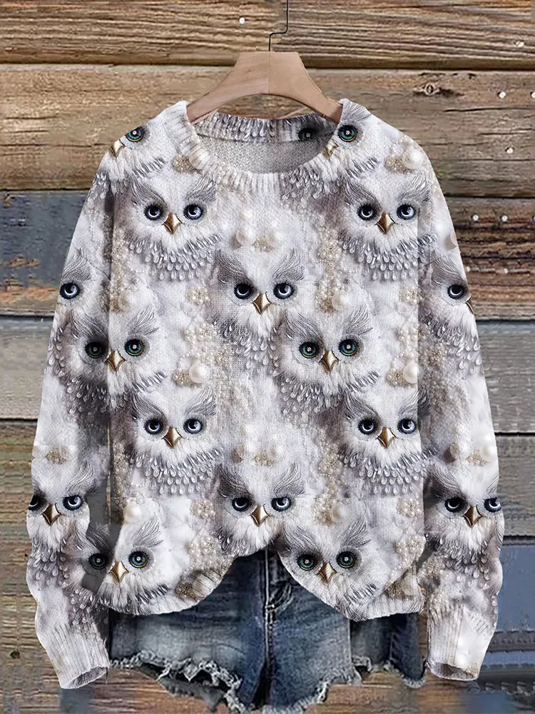 Christmas Gift Owl Art Print Knit Pullover Sweater