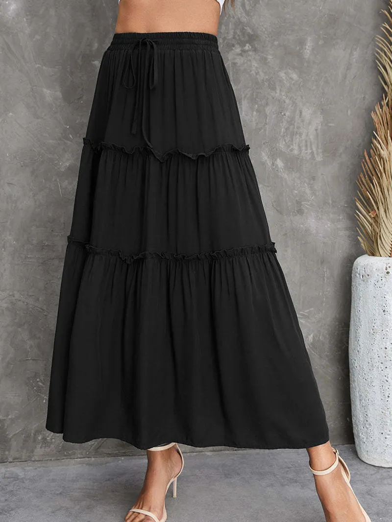 FRILL TIERED DRAWSTRING WAIST MAXI SKIRT