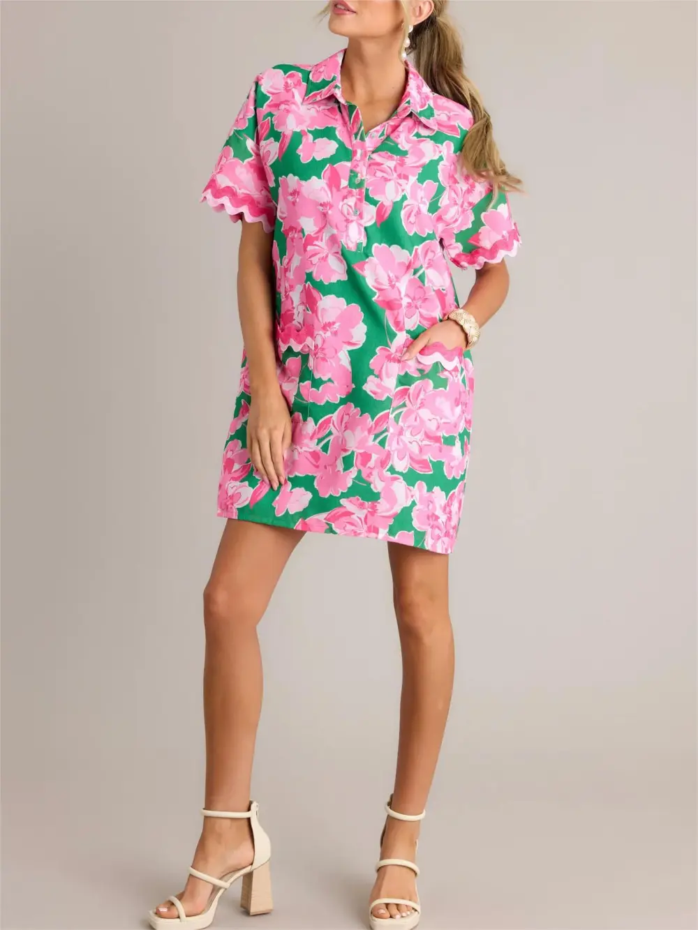 SEASIDE SERENITY GREEN MULTI FLORAL MINI SHIRT DRESS