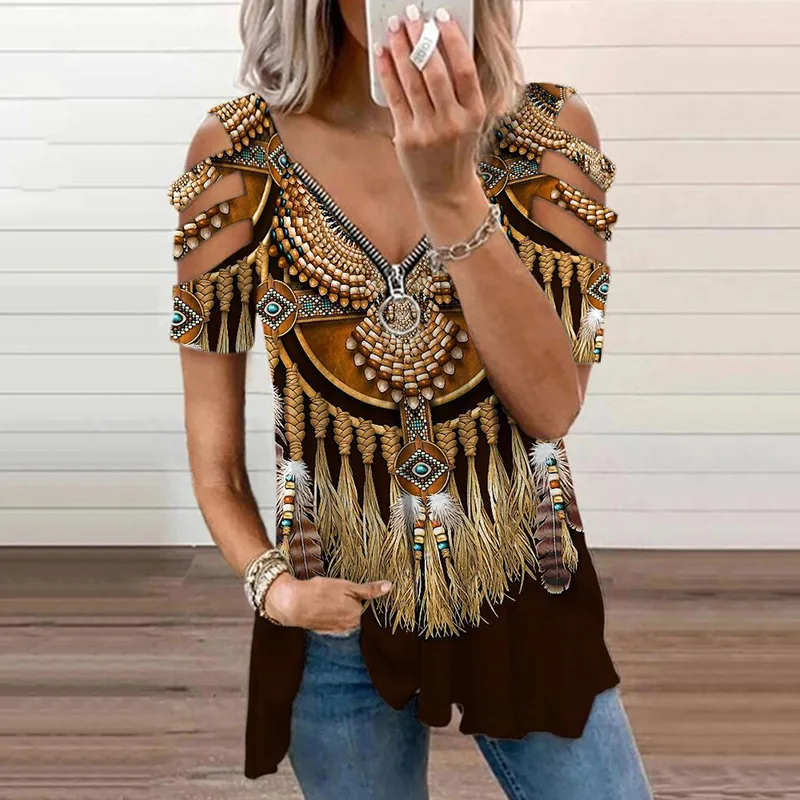 Vintage Western Print Cutout Sleeve Casual T-Shirt