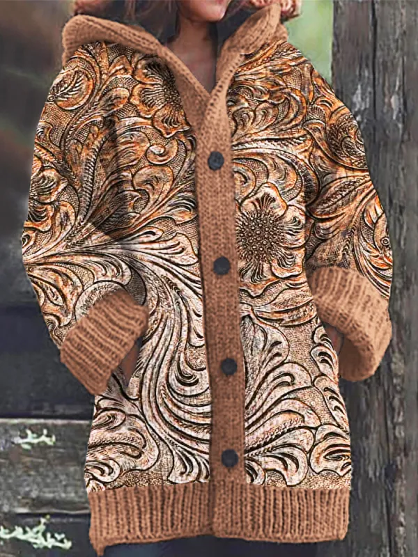 Tooled Leather Floral Embossed Western Print Women's Hooded Cardigan Sweater