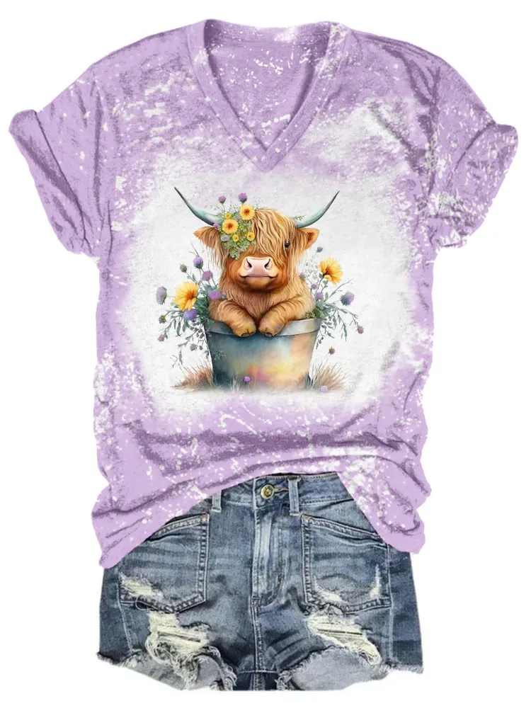 Baby Highland Cow Tie Dye V Neck T-Shirt