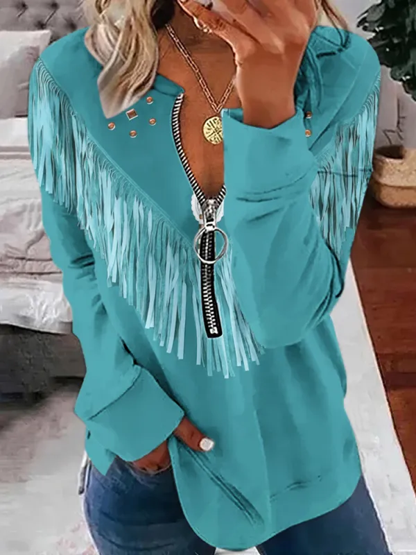 Southwest Fringe Jeweled Zipper Casual Top