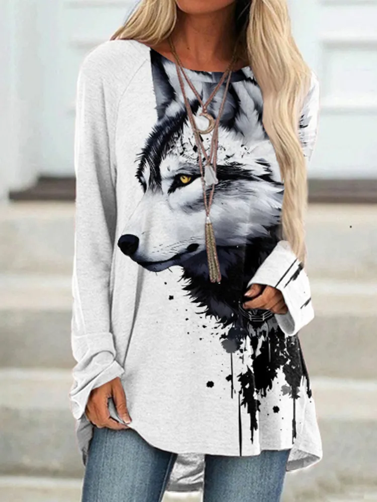 Western Wolf Print Long Sleeve Tunic