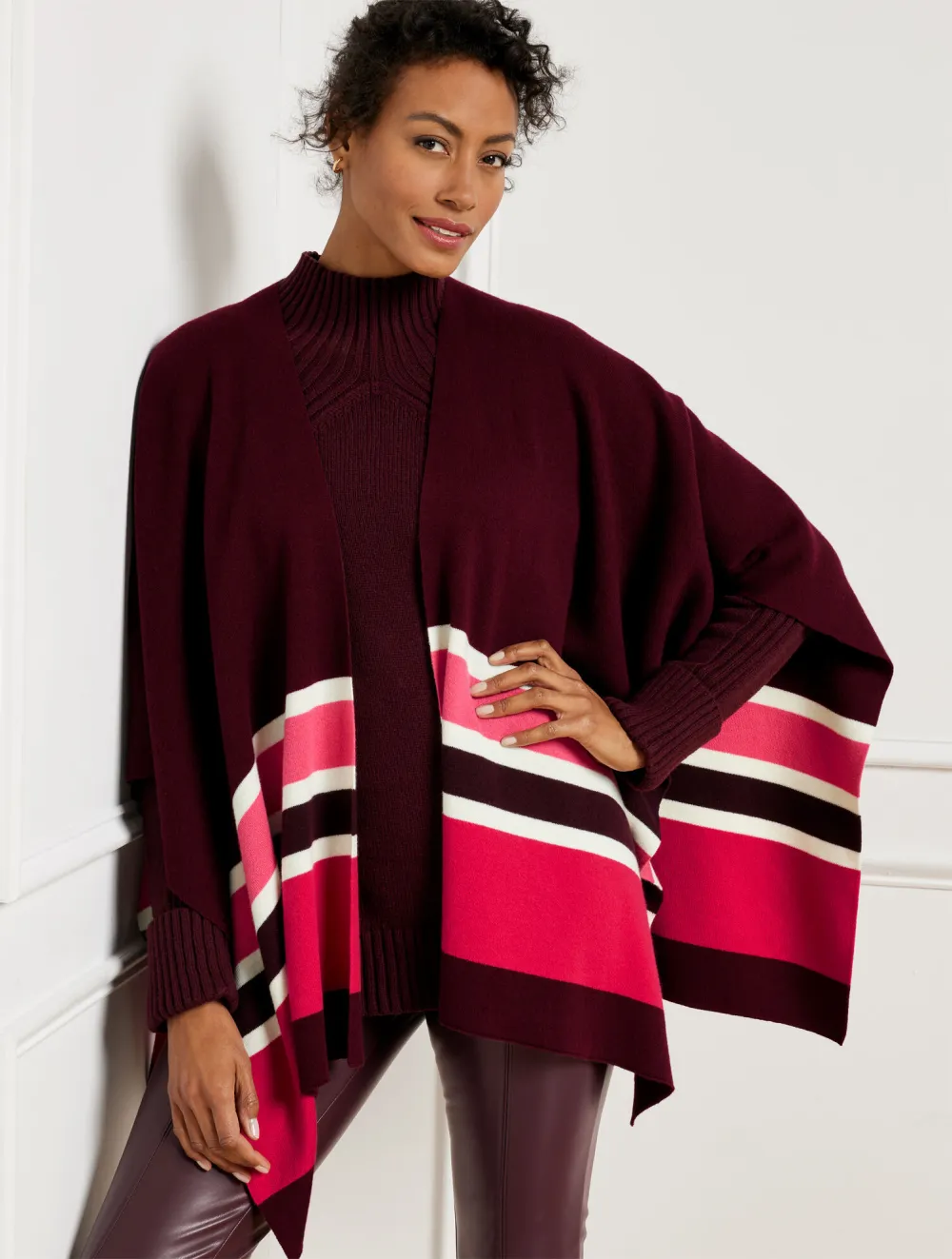 Colorblock Knit Ruana - Rich Burgundy Multi