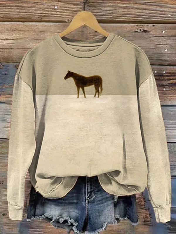 Horse Oil Painting Art Print Casual Cotton Sweatshirt