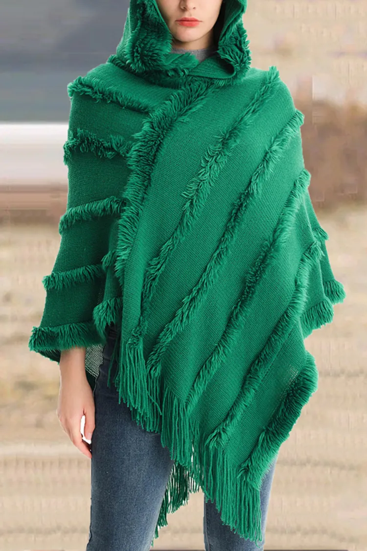 Vintage Solid Fringed Hooded Sweater Pullover Shawl