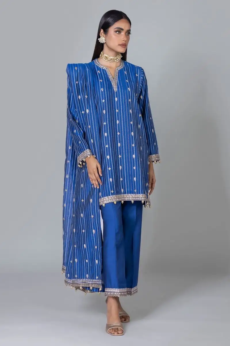 3 Piece Kurta Embroidered | Dupatta& Bottom & Tops | Color Navy blue