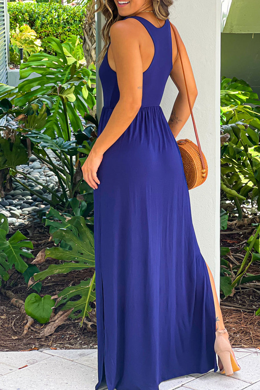 Navy Racer Back Maxi Dress With Side Slit