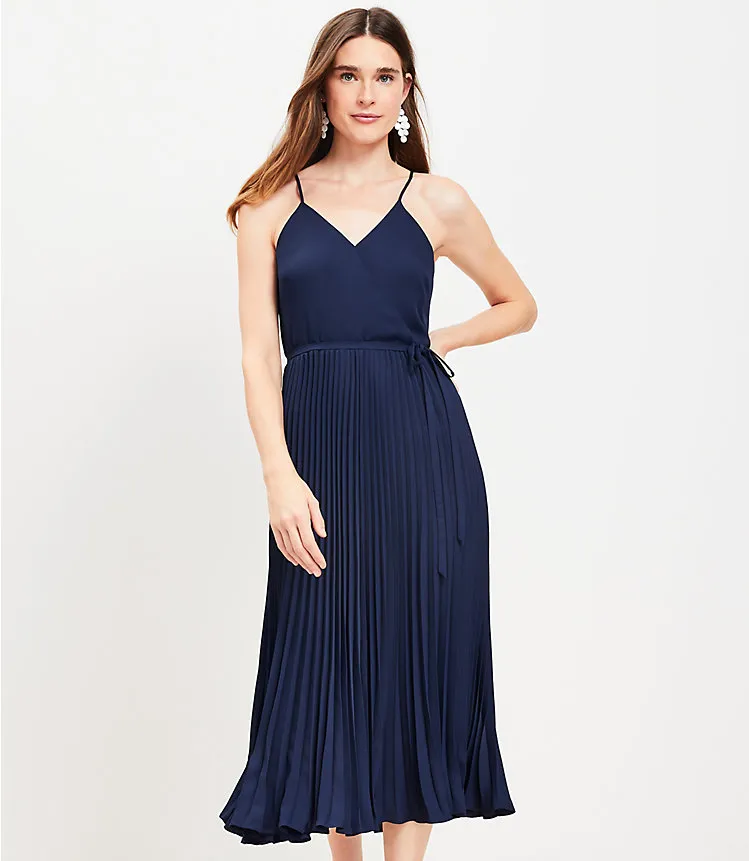 Pleated Crossover Strappy Midi Dress