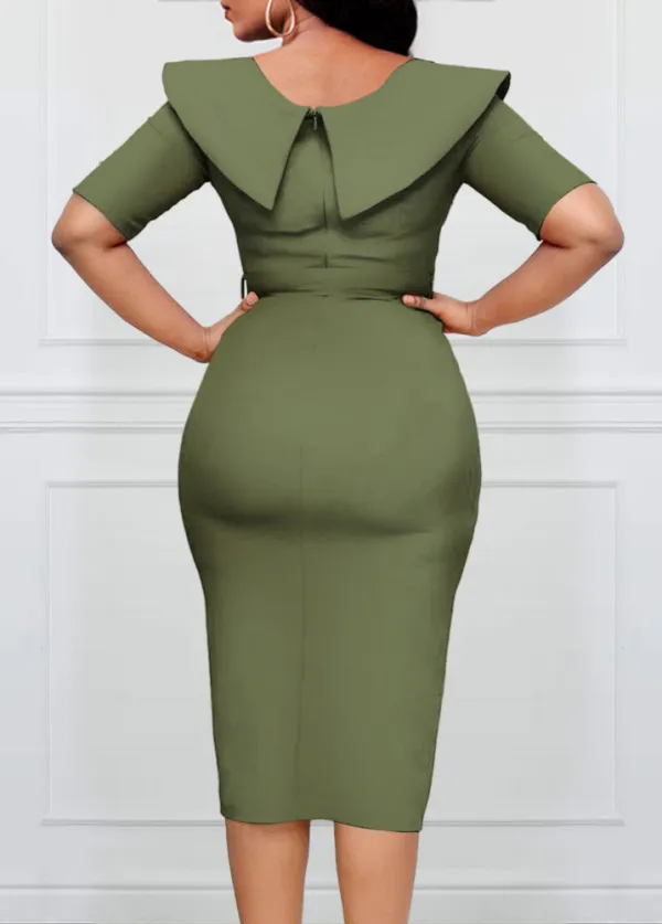 Belted Sage Green Sailor Collar Bodycon Dress