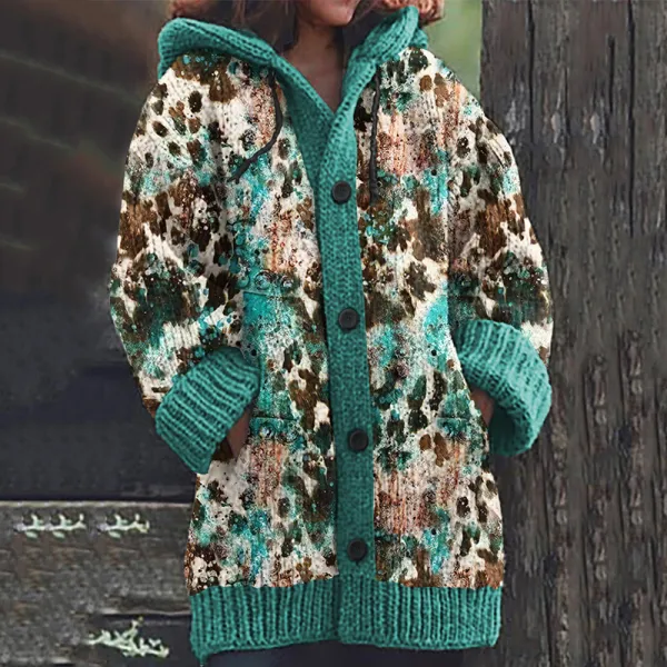 Western Printed Knitted Hooded Cardigan