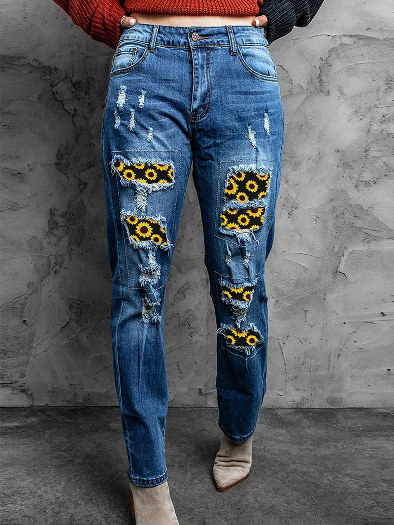 Women's Vintage Sunflower Print Patchwork Jeans