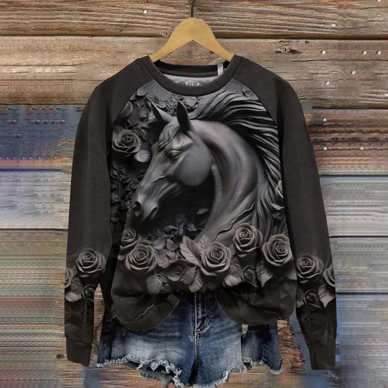 Art Horse Print Casual Crew Neck Sweatshirt