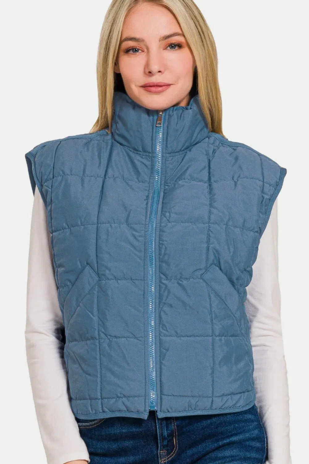 Cropped Puffer Vest - Blue