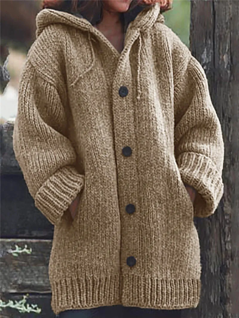 Hooded Sweater Solid Color Loose Mid-length Sweater