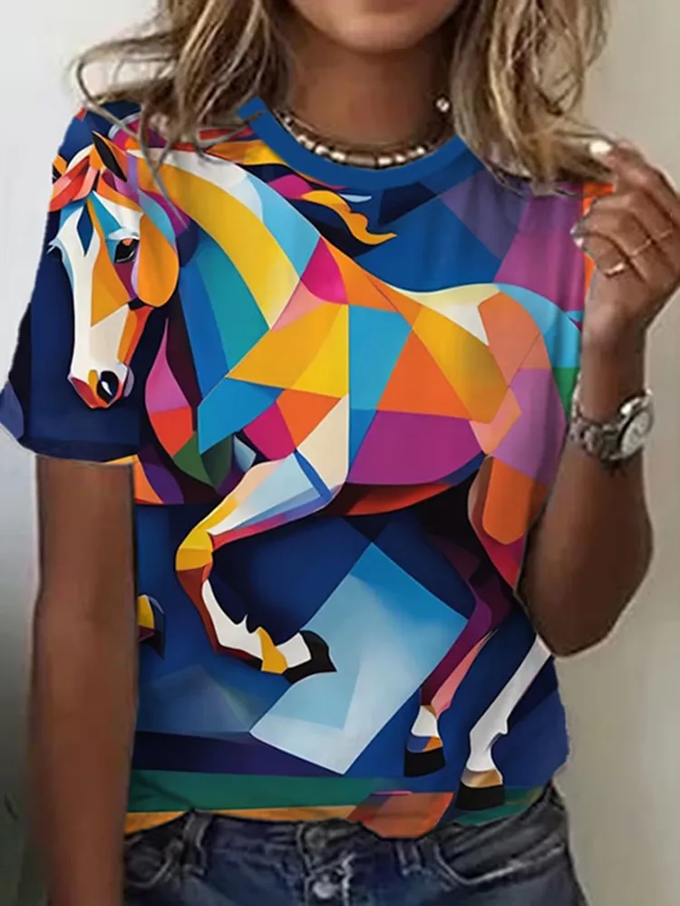 Women's Animal Horse Printed Short Sleeve T-Shirt