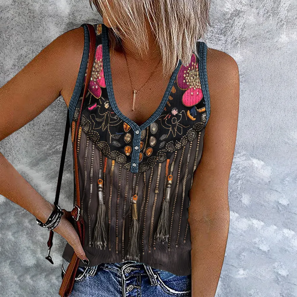 Vintage Western Tassel Print Sleeveless Tank Top