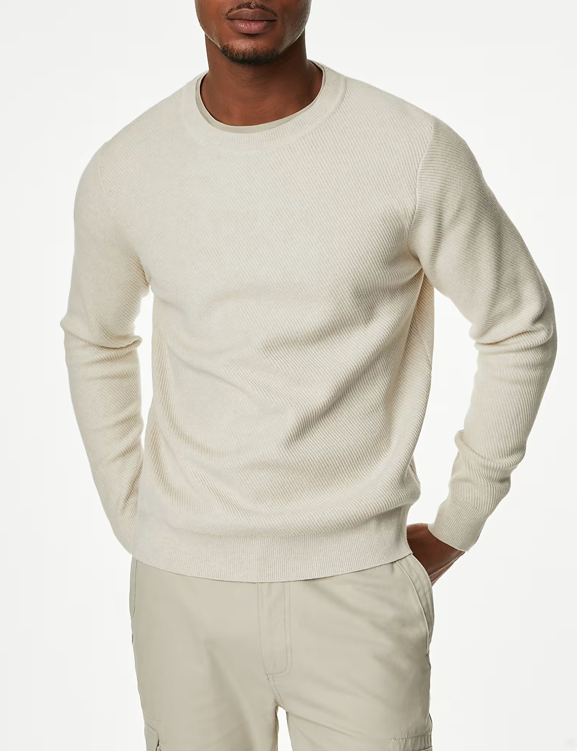 Cotton Blend Textured Crew Neck Jumper