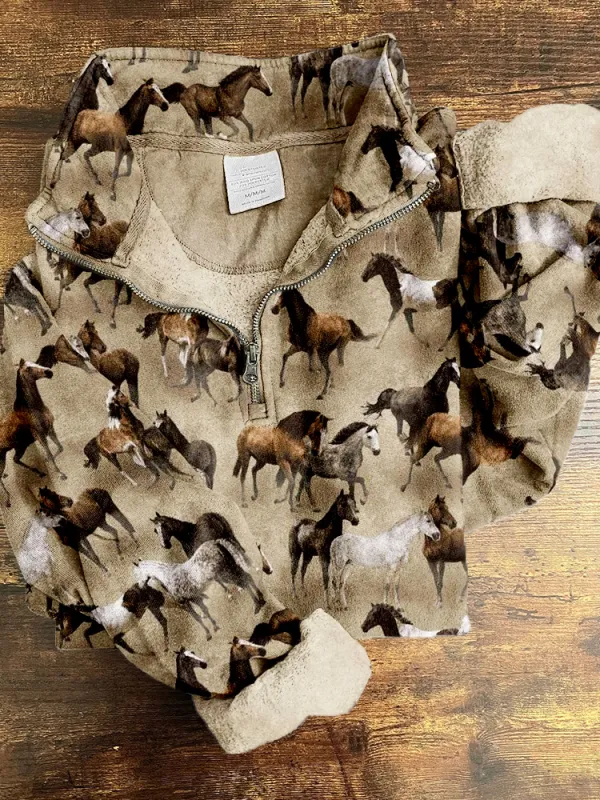 Western Wild Horses Pattern Vintage Zip Up Sweatshirt