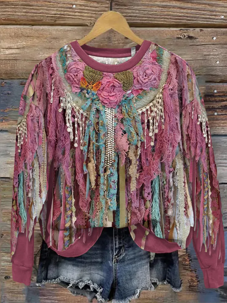 Western Fringed Print Round Neck Casual Sweatshirt