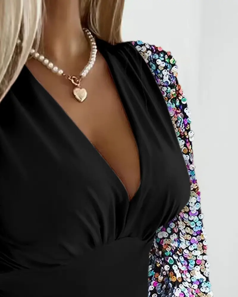 Plunge Contrast Sequin Bodycon Dress