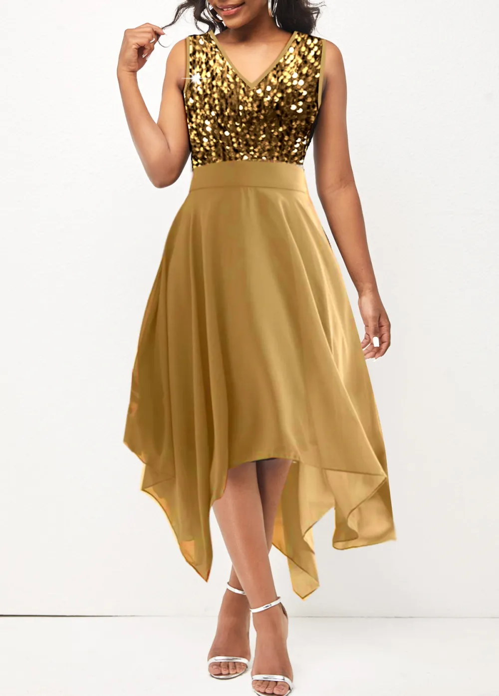 Sequin Golden Sleeveless V Neck Dress